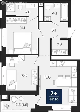 2-комнатная квартира: Тюмень, проезд Капитана Куликова, 5 (58.8 м)