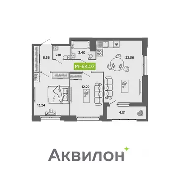 2-к кв. Архангельская область, Архангельск  (64.07 м)