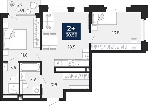 2-комнатная квартира: Тюмень, проезд Капитана Куликова, 5 (62.4 м)