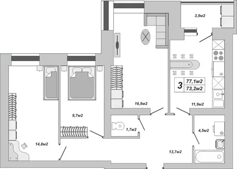 3-к кв. Тамбовская область, Тамбов ул. Чичерина, 7/1к3 (77.1 м)
