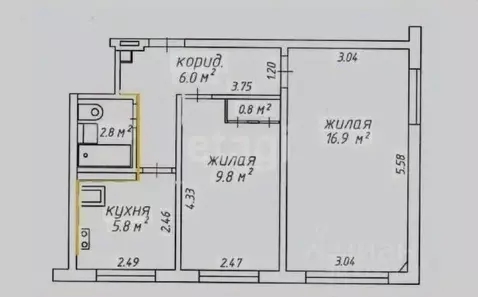 2-к кв. Татарстан, Казань ул. Короленко, 35 (45.3 м)