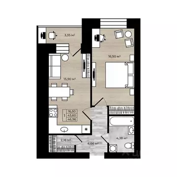 1-к кв. Ярославская область, Ярославль Тормозное ш. (46.95 м)