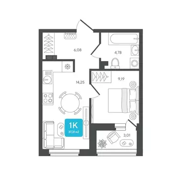 1-комнатная квартира: Дербыши, жилой комплекс Дабл-Дабл (37.31 м)