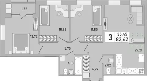 3-к кв. Башкортостан, Уфа Бакалинская ул., 9/1 (82.42 м)