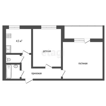 Квартира, 2 комнаты, 49.8 м