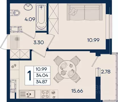 1-к кв. Краснодарский край, Краснодар  (34.87 м)