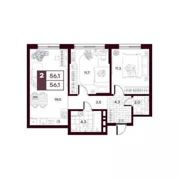 2-к кв. Тюменская область, Тюменский муниципальный округ, д. Дударева ...