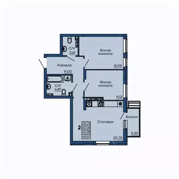 2-к кв. Свердловская область, Екатеринбург ул. Библиотечная, 38 (63.28 ...