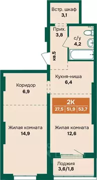 2-к кв. Алтайский край, Барнаул Камчатка жилой комплекс (53.7 м)