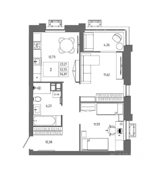2-к кв. Волгоградская область, Волгоград 127-й кв-л,  (56.81 м)
