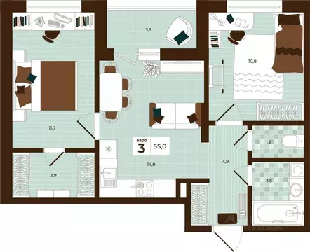 3-к кв. Тульская область, Тула ул. Академика Насоновой, 3 (55.0 м)