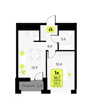 1-комнатная квартира: Тюмень, улица Андрея Приказнова, 7 (36.7 м)