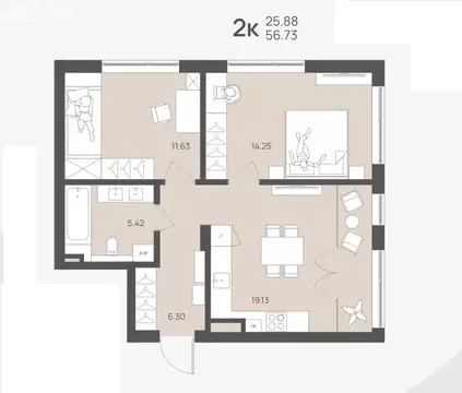 2-комнатная квартира: Янтарный, Обогатительная улица, 2 (56.73 м)