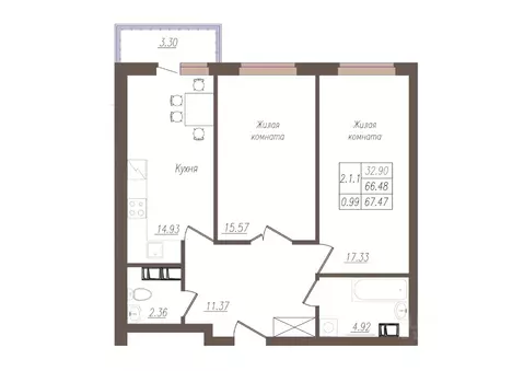 2-к кв. Орловская область, Орел ул. Генерала Родина, 66Ак1 (67.4 м)