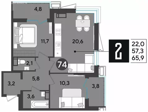 2-комнатная квартира: Краснодар, микрорайон Парк Победы (66.1 м)