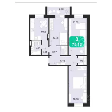 3-к кв. Забайкальский край, Чита ул. Богдана Хмельницкого, 16 (75.12 ...