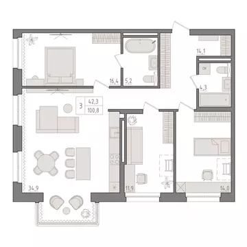 3-к кв. Башкортостан, Уфа 563-й кв-л,  (100.8 м)