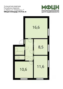 3-к кв. Карелия, Пряжа пгт ул. Гагарина, 7 (57.9 м)