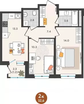 2-к кв. Пермский край, Пермь ул. Куфонина, 1 (52.6 м)