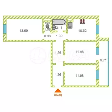 3-комнатная квартира: Тюмень, Алматинская улица, 12 (64.3 м)