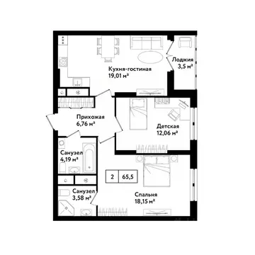 2-к кв. Тульская область, Тула ул. Седова, 26к2 (68.2 м)