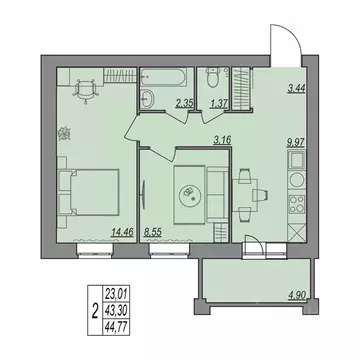 2-к кв. Волгоградская область, Волгоград Типографская ул., 83 (44.77 ...