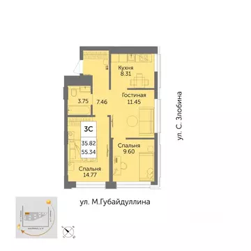 3-к кв. Башкортостан, Уфа ул. Художника Позднова, 13 (55.0 м)