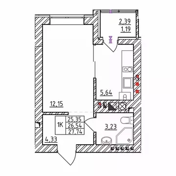 1-к кв. Калининградская область, Зеленоградск  (27.74 м)