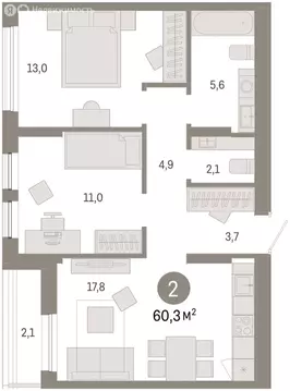 3-комнатная квартира: Тюмень, улица Республики, 205к1 (60.7 м)