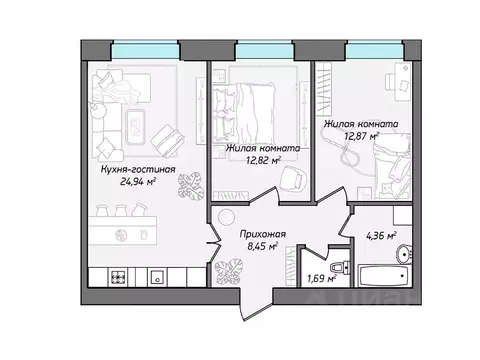 3-к кв. Чувашия, Чебоксары ул. Фридриха Энгельса, поз7 (65.13 м)