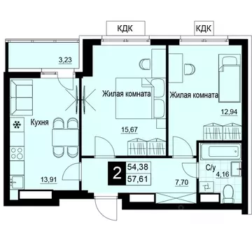 2-к кв. Самарская область, Самара АмГрад жилой комплекс (56.69 м)