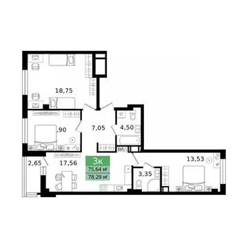 3-к кв. Курганская область, Курган просп. Конституции (78.29 м)