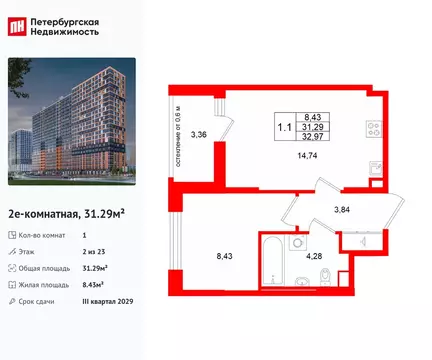 1-комнатная квартира: деревня Новосаратовка, ЖК Город Звёзд (31.29 м)