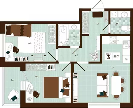 3-к кв. Тульская область, Тула ул. Академика Насоновой, 3 (55.7 м)