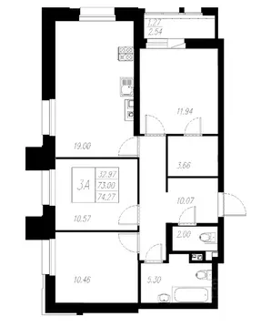3-к кв. Татарстан, Казань Статный жилой комплекс, 2 (74.27 м)