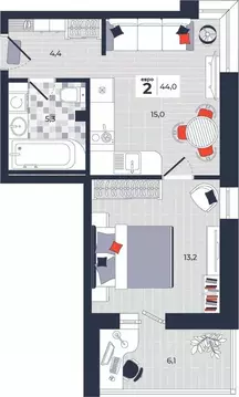 2-к кв. Тульская область, Тула ул. Академика Насоновой, 1А (44.0 м)