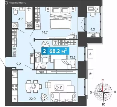 2-комнатная квартира: Засечное, Прибрежный бульвар, 5 (68.2 м)