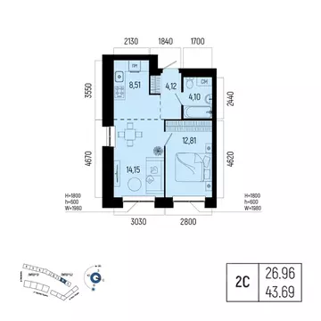 2-к кв. Башкортостан, Уфа Глумилино-1 мкр, Новатор жилой комплекс ...