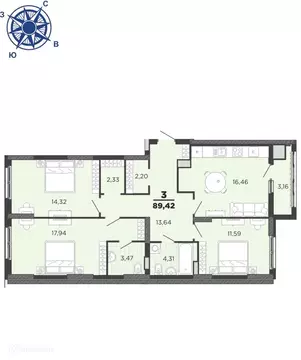 3-к кв. Рязанская область, Рязань Академик жилой комплекс (89.42 м)