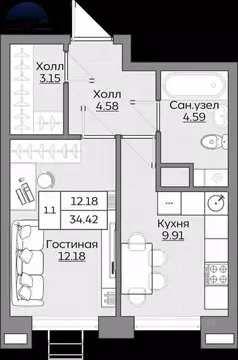 1-к кв. Татарстан, Казань Батталовский жилой комплекс (34.41 м)