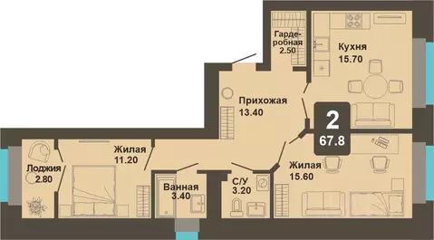 2-к кв. Чувашия, Чебоксары ул. И.П. Прокопьева (67.8 м)