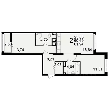 2-к кв. Рязанская область, Рязань ул. Чкалова (60.69 м)