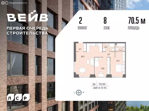 2-комнатная квартира: Москва, улица Борисовские Пруды, 1Ас12 (71.2 м)