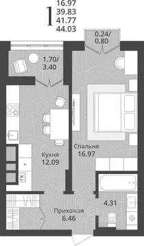 1-к кв. Калининградская область, Калининград Осенняя ул., 34 (41.77 м)