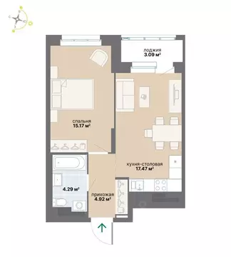 1-к кв. Свердловская область, Екатеринбург ул. Циолковского (44.94 м)