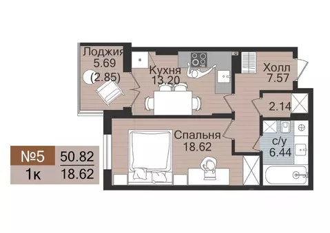 1-к кв. Калининградская область, Гурьевск  (50.82 м)