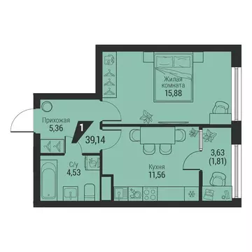 1-комнатная квартира: Екатеринбург, проспект Космонавтов, 100 (39.14 ...
