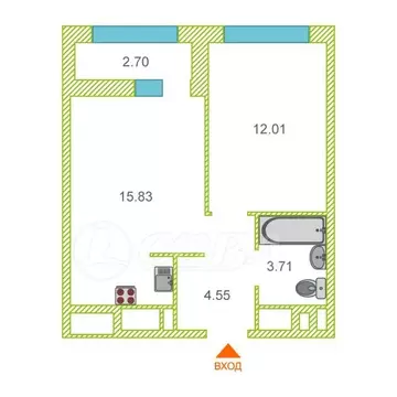 1-комнатная квартира: Тюмень, улица Первооткрывателей, 9 (34 м)