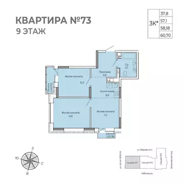 2-к кв. Удмуртия, Ижевск Южный жилрайон, Сенатор жилой комплекс (60.7 ...
