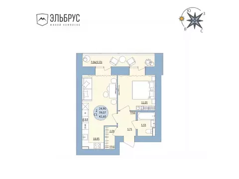 2-к кв. Башкортостан, Уфа Кавказская ул., 24 (42.6 м)